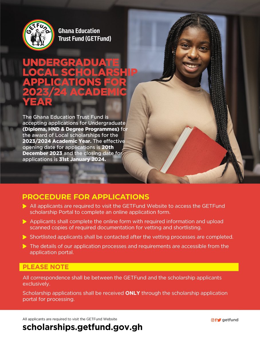 Attention all aspiring undergrads! The GETFund Scholarship is your ticket to a transformative academic experience. Applications are now open for Undergraduate Studies. Don’t miss out, apply today! #UndergradOpportunity #GETFundScholarship2024