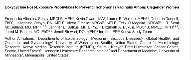 Excited to share that our abstract 'Doxycycline Post-Exposure Prophylaxis to Prevent Trichomonas vaginalis Among Cisgender Women' has been accepted for a poster presentation at #CROI2024 in Denver! A huge thanks to my mentors and collaborators. If you're attending, let's connect!