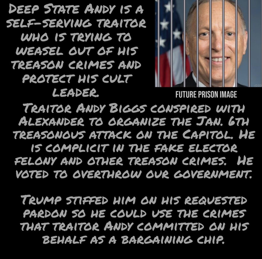 @RepAndyBiggsAZ The gop traitors tried to conduct election interference in 2020. American voters decide elections, not sore loser gop traitors Complaining about the consequences of traitor trump's actions is #GOPHypocrisy There will be more consequences after his upcoming treason trial. #FAFO