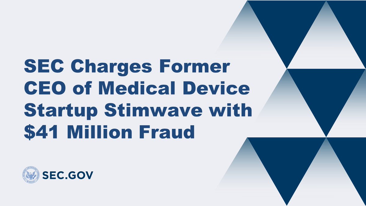 SEC charges former Stimwave CEO and co-founder with defrauding investors by making false and misleading statements about one of the company’s key medical device products. sec.gov/news/press-rel…