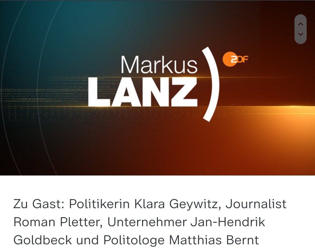 Markus Lanz (@markus__lanz) on Twitter photo 📺Am heutigen Abend um 22:55 Uhr begrüßt Markus #lanz die folgenden Gäste:
<a href="/klara_geywitz/">Klara Geywitz</a> , <a href="/RPletter/">Roman Pletter</a> , @jh_gold und Matthias Bernt. 📺Am heutigen Abend um 22:55 Uhr begrüßt Markus #lanz die folgenden Gäste:
<a href="/klara_geywitz/">Klara Geywitz</a> , <a href="/RPletter/">Roman Pletter</a> , @jh_gold und Matthias Bernt.