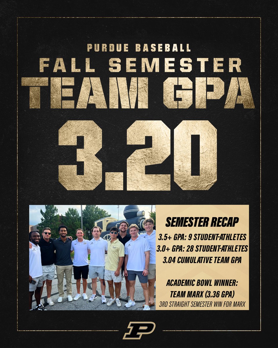 Purdue Baseball (@purduebaseball) on Twitter photo Wildly Successful semester in the classroom
โ๏ธ Best Semester GPA since Spring 2020
โ๏ธ Best Fall Semester GPA since 2014
Team <a href="/CMarx21/">Chris Marx</a> wins our Academic Bowl for 3rd consecutive semester. #BoilerUp
Thanks as always to the dedicated & versatile @Haley_Toetz, our academic advisor. Wildly Successful semester in the classroom
โ๏ธ Best Semester GPA since Spring 2020
โ๏ธ Best Fall Semester GPA since 2014
Team <a href="/CMarx21/">Chris Marx</a> wins our Academic Bowl for 3rd consecutive semester. #BoilerUp
Thanks as always to the dedicated & versatile @Haley_Toetz, our academic advisor.