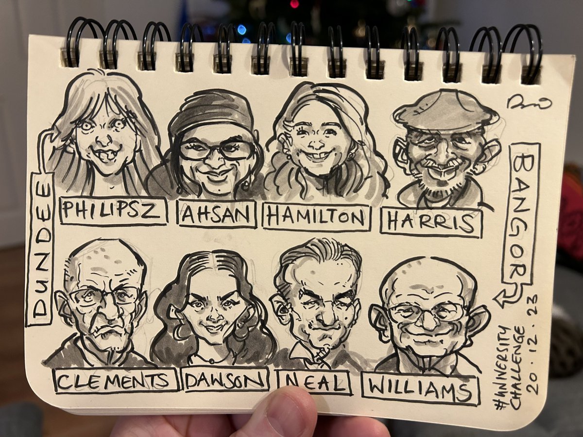 #ChristmasUniversityChallenge Day 3! This time it’s the turn of @BangorUni v @dundeeuni alumni. #junodawson #susanphilipsz #caricature #livedrawing #universitychallenge @amolrajan @rogertilling