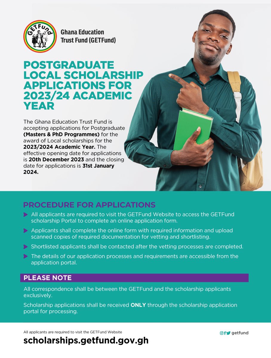 Calling all future experts and scholars! The GETFund Scholarship is now open for Postgraduate Applications. Shape your specialized knowledge and be a leader in your field. Don’t miss this chance! Apply today. #PostgradLeaders #GETFundScholarship