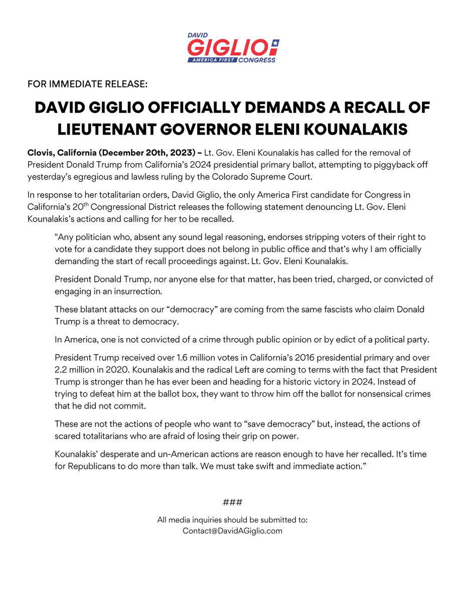 ❗PRESS RELEASE❗DAVID GIGLIO OFFICIALLY DEMANDS A RECALL OF LIEUTENANT GOVERNOR ELENI KOUNALAKIS #CA20