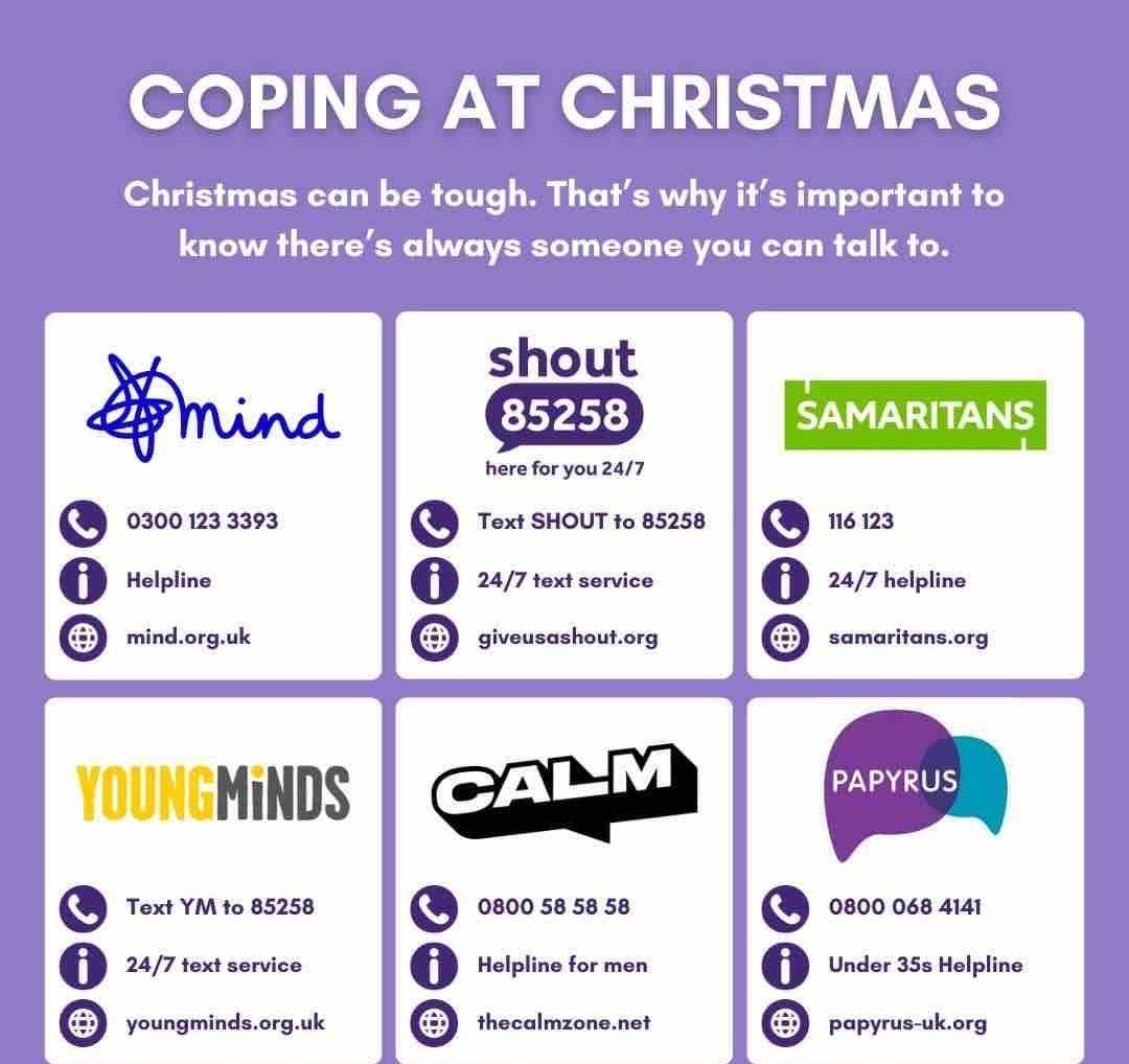 If you need to speak or text someone over the christmas and new year period here are some helpful numbers #askforhelp #YouAreNotAlone @MindCharity @GiveUsAShout @samaritans @YoungMindsUK #itsoktonotbeok