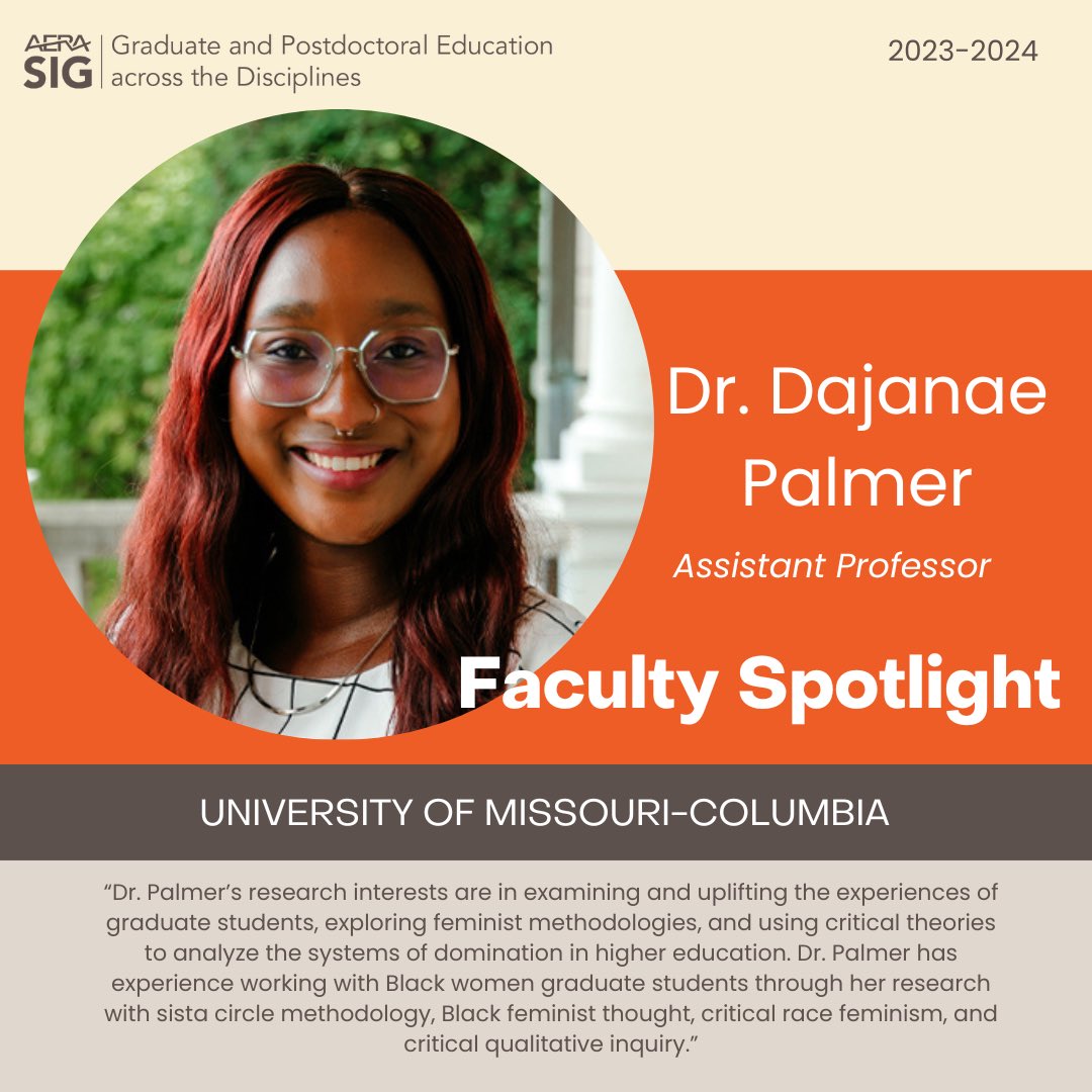 AERA SIG 168 Graduate and Postdoctoral Education (@aerasig168) on Twitter photo December Faculty Spotlight II:
Dr. <a href="/DajanaePalmer/">Typo Hunny</a> is an Assistant Professor of Qualitative Inquiry in the Dept. of Educational Leadership & Policy Analysis at University of Missouri-Columbia. Dr. Palmer got to see Mary J Blige, Janet Jackson, & Usher in concert all within a year. December Faculty Spotlight II:
Dr. <a href="/DajanaePalmer/">Typo Hunny</a> is an Assistant Professor of Qualitative Inquiry in the Dept. of Educational Leadership & Policy Analysis at University of Missouri-Columbia. Dr. Palmer got to see Mary J Blige, Janet Jackson, & Usher in concert all within a year.