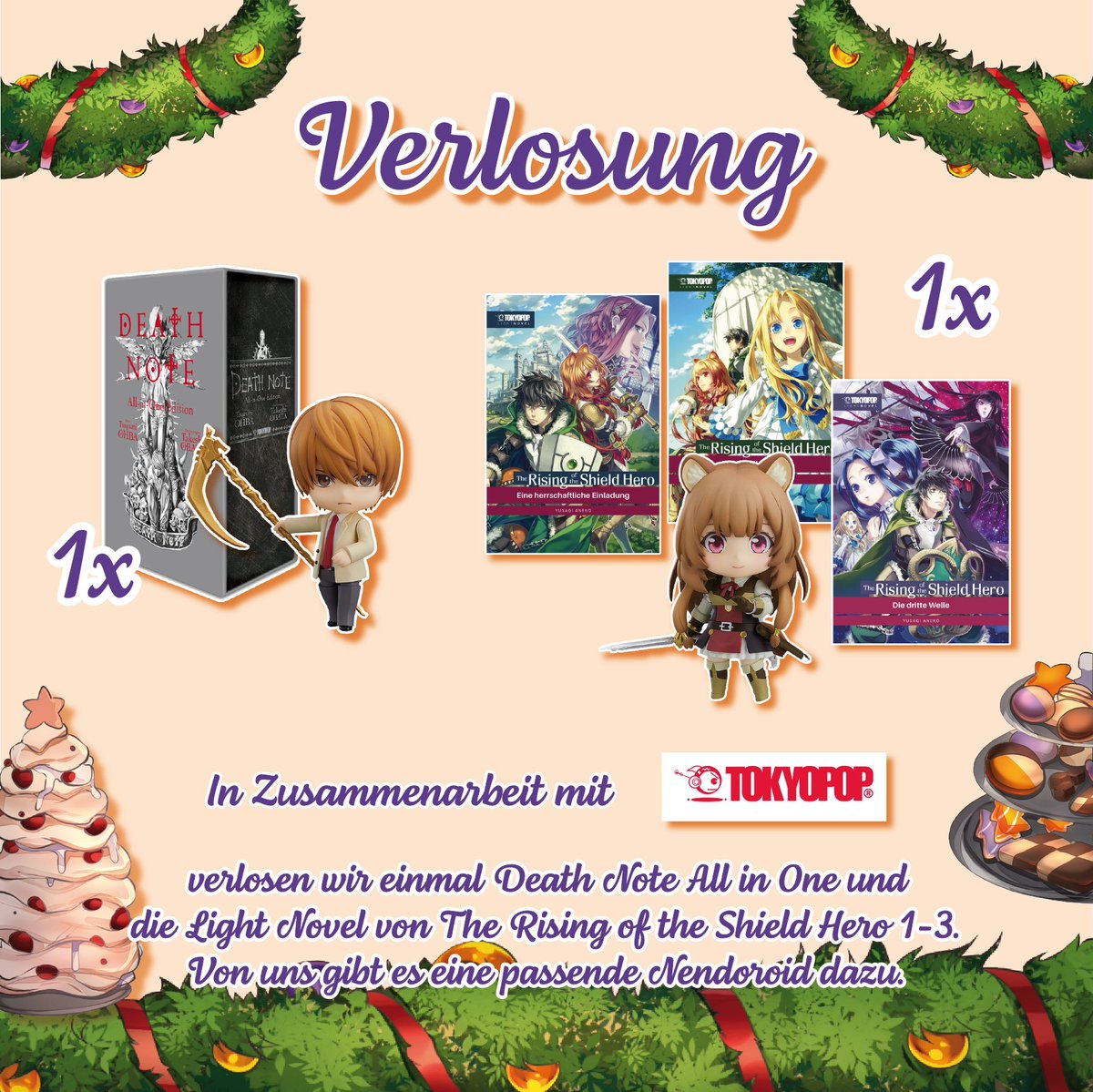 Figuchan's tweet image. Hinter Türchen 21 in unserem Adventskalender auf figuya.com/de haben wir ein tolles Gewinnspiel mit @TOKYOPOP_GmbH. Zur Teilnahme folgt uns, retweet und schreibt uns warum ihr das #DeathNote  Paket oder das #shieldhero Paket gewinnen solltet.