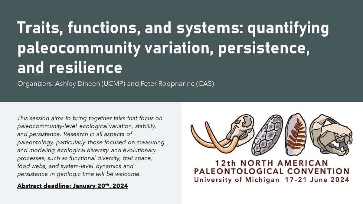 Attending @Napc2024 next June? Please consider submitting a talk to our (@peterroopnarine and myself) session focused on paleocommunity ecological variation! Abstracts are due January 20th, 2024 #napc2024