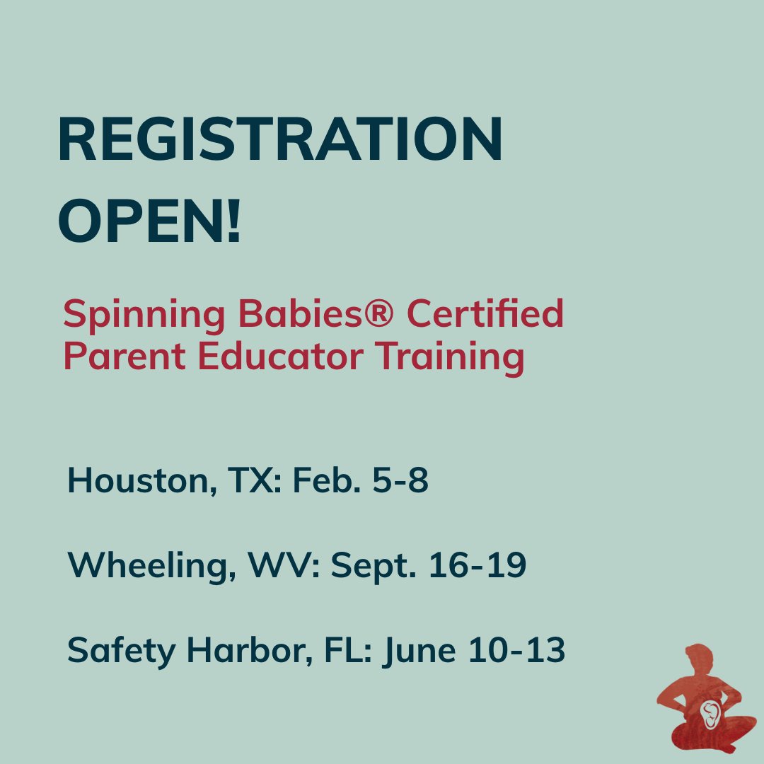 Registration is OPEN for:

Houston, TX: February 5-8, 2024
Wheeling, WV: September 16-19, 2024 (early bird pricing!)
Safety Harbor, FL: June 10-13, 2024 (early bird pricing!)
.
#spinningbabies #spinningbabiesparentclass #spinningbabieseducation #spinningbabiesparenteducator