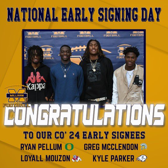 Congrats to Long Beach Millikan 2024 early signees! #WinTheDay @ryan_pellum @LoyallMouzon @GA_McClendon @kyleparker44_