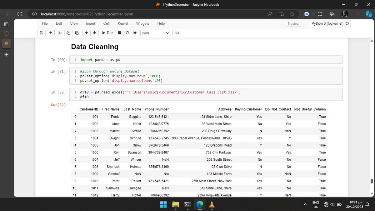SoloJah1's tweet image. Day 20
#PythonDecember
Started Data Cleaning in Python; Removed duplicates, removed unwanted column, cleaned content of a string data type column