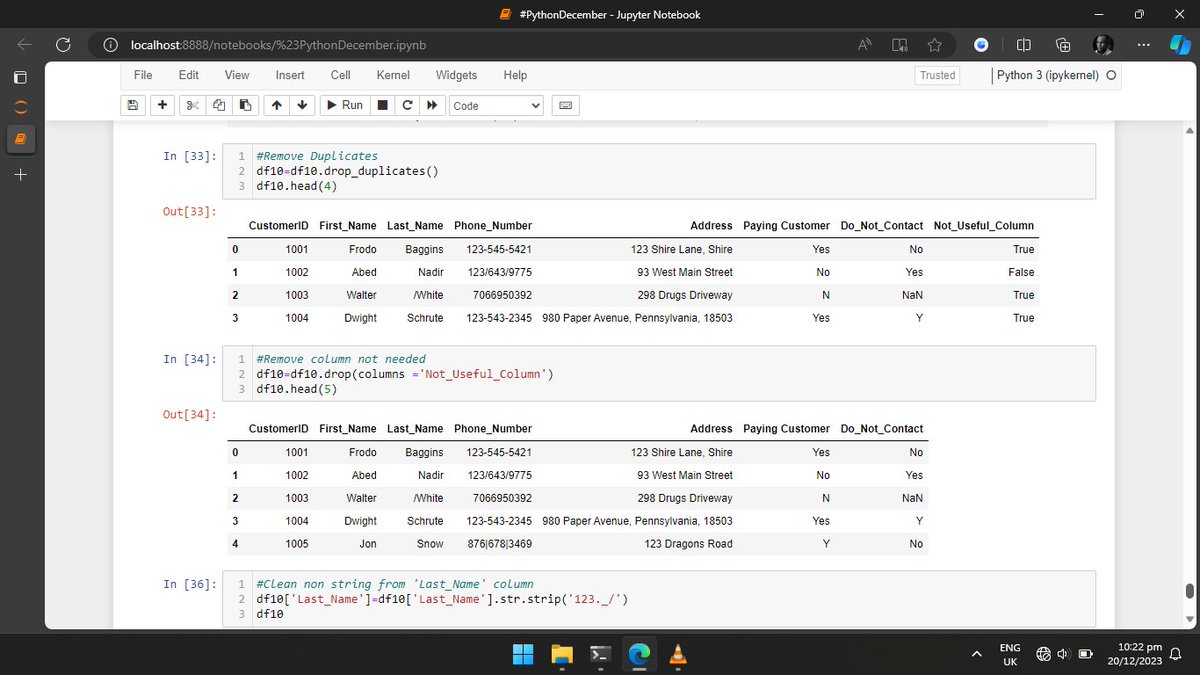 SoloJah1's tweet image. Day 20
#PythonDecember
Started Data Cleaning in Python; Removed duplicates, removed unwanted column, cleaned content of a string data type column