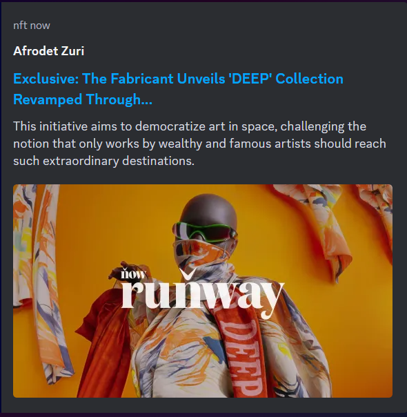 #MOONMARS Museum 
brings art to the Moon and beyond! 🌛⭐️🚀

We are very proud to have the DEEP collection by
<a href="/thefabricant/">The Fabricant</a> joining us on our journey of art to the Moon!!

Read about it in <a href="/nftnow/">nft now</a>⬇️⬇️⬇️
nftnow.com/runway/exclusi…