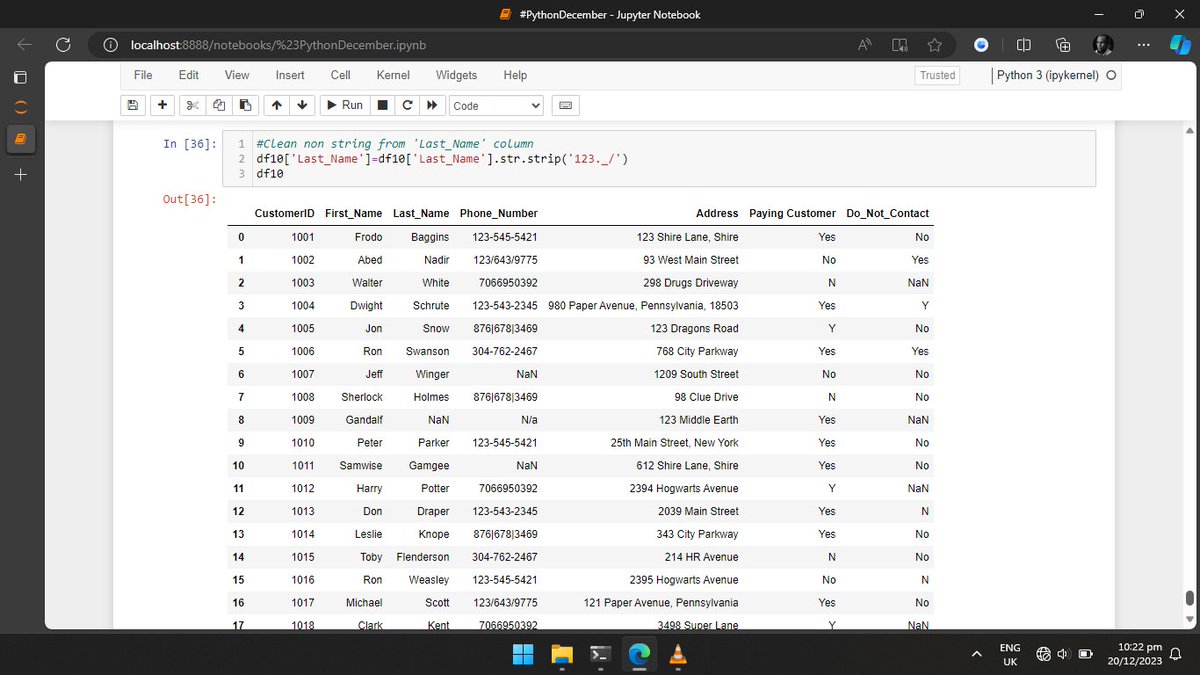SoloJah1's tweet image. Day 20
#PythonDecember
Started Data Cleaning in Python; Removed duplicates, removed unwanted column, cleaned content of a string data type column