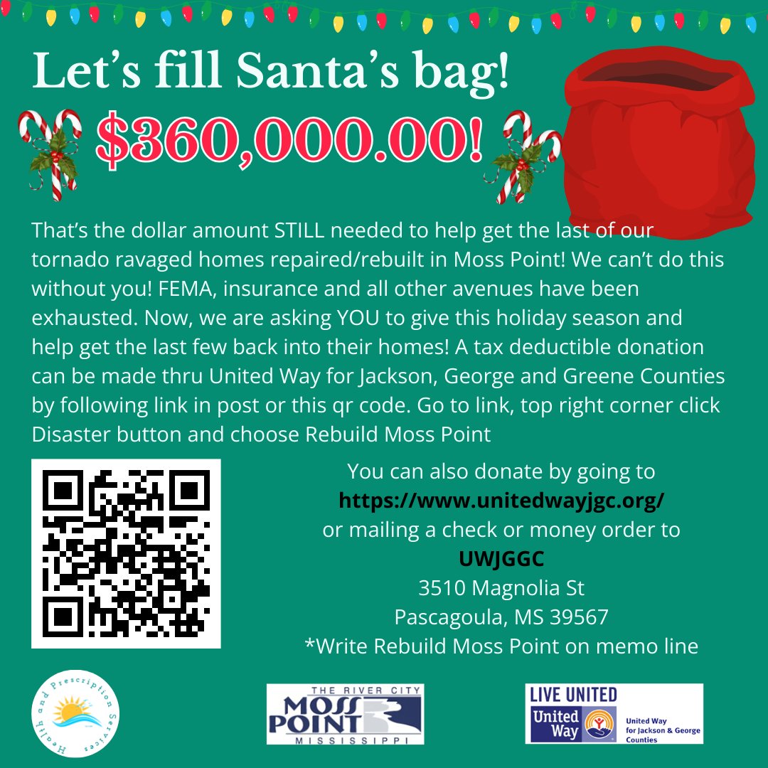 Where are Santa's helpers? Help us get the last of the tornado victims back home! What a wonderful Christmas gift? #LetsFillSantasBag #TornadoRecovery #MossPoint #AllIn #OneCoast

unitedwayjgc.org