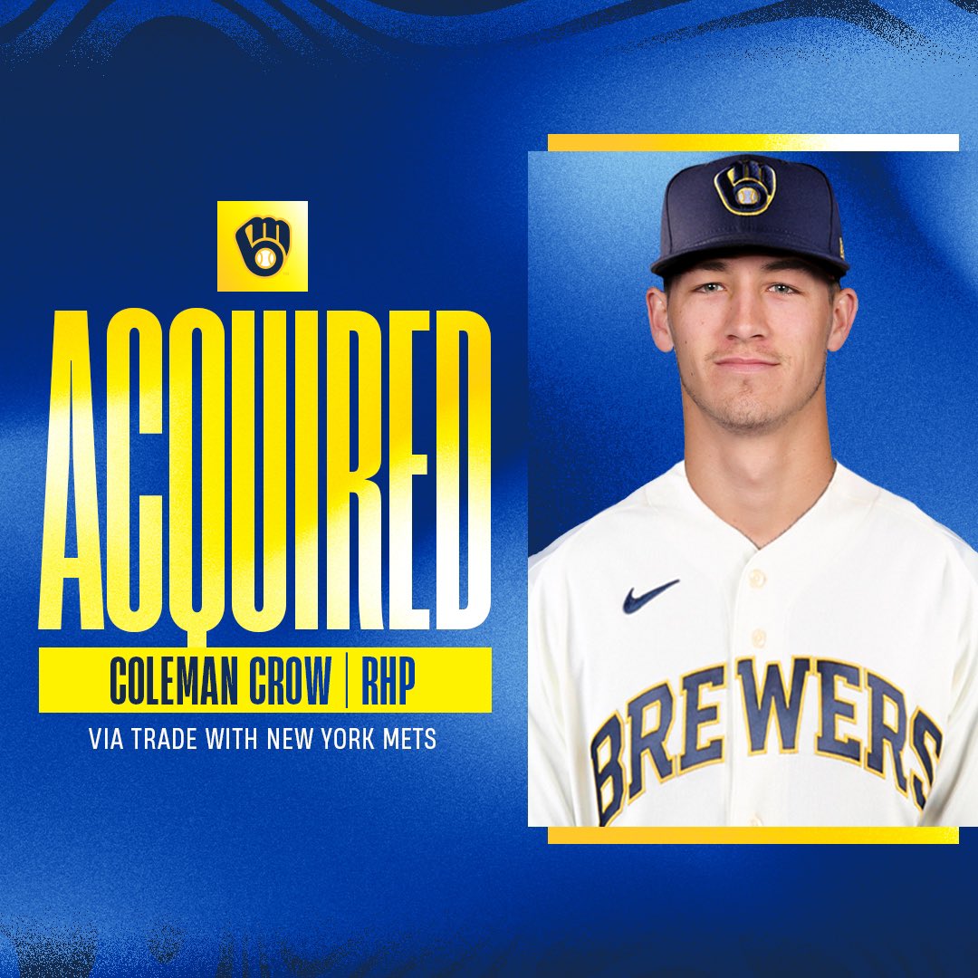 Brewers's tweet image. We have acquired RHP Coleman Crow from the New York Mets in exchange for RHP Adrian Houser and OF Tyrone Taylor.