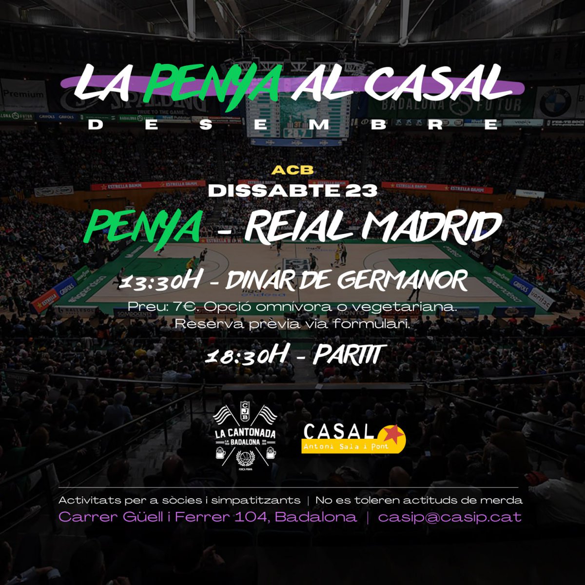 📢 Jornada Prèvia al Partit 🏀

1) Uniu-vos a La Cantonada i al <a href="/CasipBadalona/">Casal Antoni Sala i Pont</a> en una jornada èpica abans del gran partit de bàsquet contra el Real Madrid Club de Futbol d'aquest dissabte a la tarda.