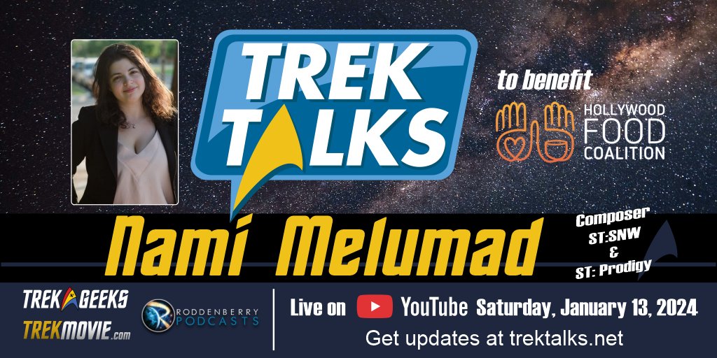 Mark your space calendars! Jan. 13th is #TrekTalks 3, an all-day marathon on YouTube of #StarTrek panels to benefit @Hollywoodfoodco. Hosted by @Jbillingsley60 & @BonnieBellg and featuring great guests like @namicomposer & so many more. (More from #StarTrekProdigy and SNW, too!)