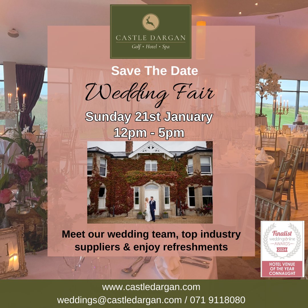 Save The Date: Castle Dargan Wedding Fair - Sunday 21st January 

✉️weddings@castledargan.com
📞071 9118080
castledargan.com
#WeddingFair #Weddings  #Engagement #Suppliers #WeddingVenue #4Star #Sligo