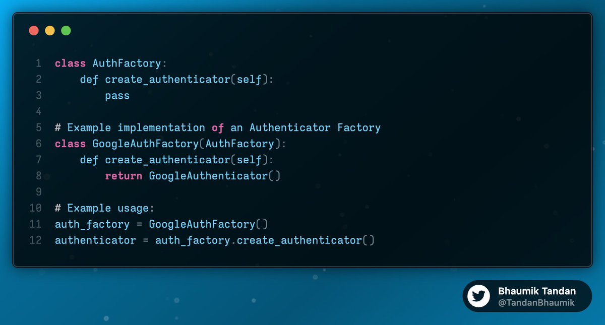 TandanBhaumik's tweet image. Exploring the power of the Factory Design Pattern 🏭 in Python. Discover how it simplifies object creation and enhances code flexibility. Check out my code examples: [github.com/Bhaumik-Tandan…] #FactoryDesignPattern #PythonCoding #SoftwareDesign