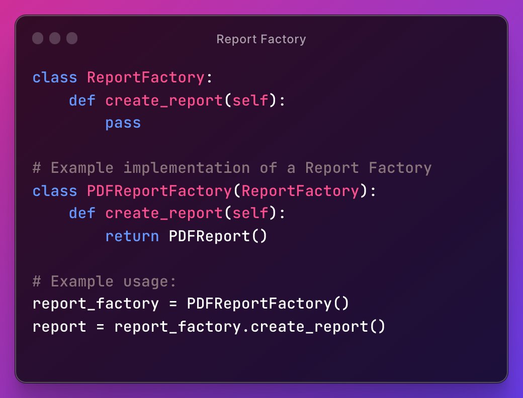 TandanBhaumik's tweet image. Exploring the power of the Factory Design Pattern 🏭 in Python. Discover how it simplifies object creation and enhances code flexibility. Check out my code examples: [github.com/Bhaumik-Tandan…] #FactoryDesignPattern #PythonCoding #SoftwareDesign