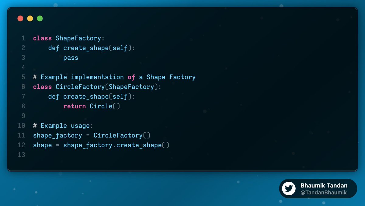 TandanBhaumik's tweet image. Exploring the power of the Factory Design Pattern 🏭 in Python. Discover how it simplifies object creation and enhances code flexibility. Check out my code examples: [github.com/Bhaumik-Tandan…] #FactoryDesignPattern #PythonCoding #SoftwareDesign