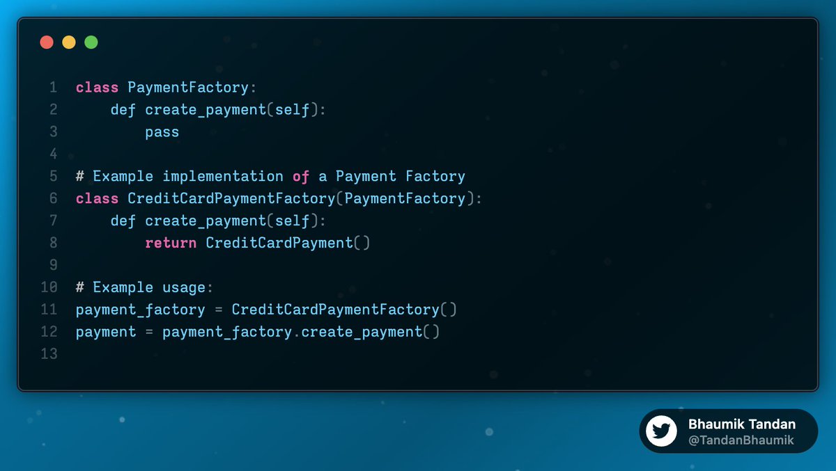 TandanBhaumik's tweet image. Exploring the power of the Factory Design Pattern 🏭 in Python. Discover how it simplifies object creation and enhances code flexibility. Check out my code examples: [github.com/Bhaumik-Tandan…] #FactoryDesignPattern #PythonCoding #SoftwareDesign
