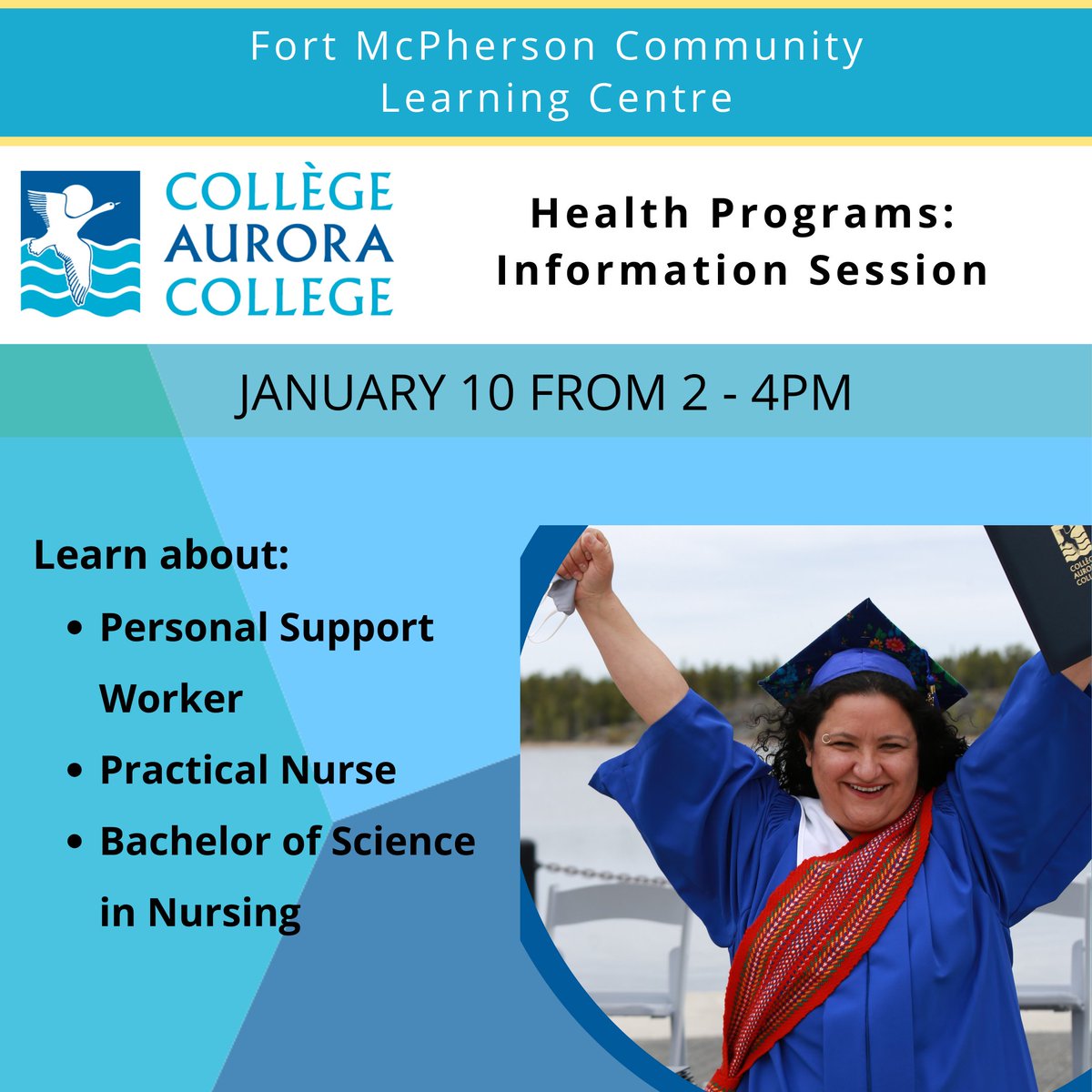 In January, Aurora College will be hosting information sessions in Tuktoyaktuk and Fort McPherson on Health Programs.

Learn about the Personal Support Worker, Practical Nurse and Bachelor of Science in Nursing Programs in the local Community Learning Centres.