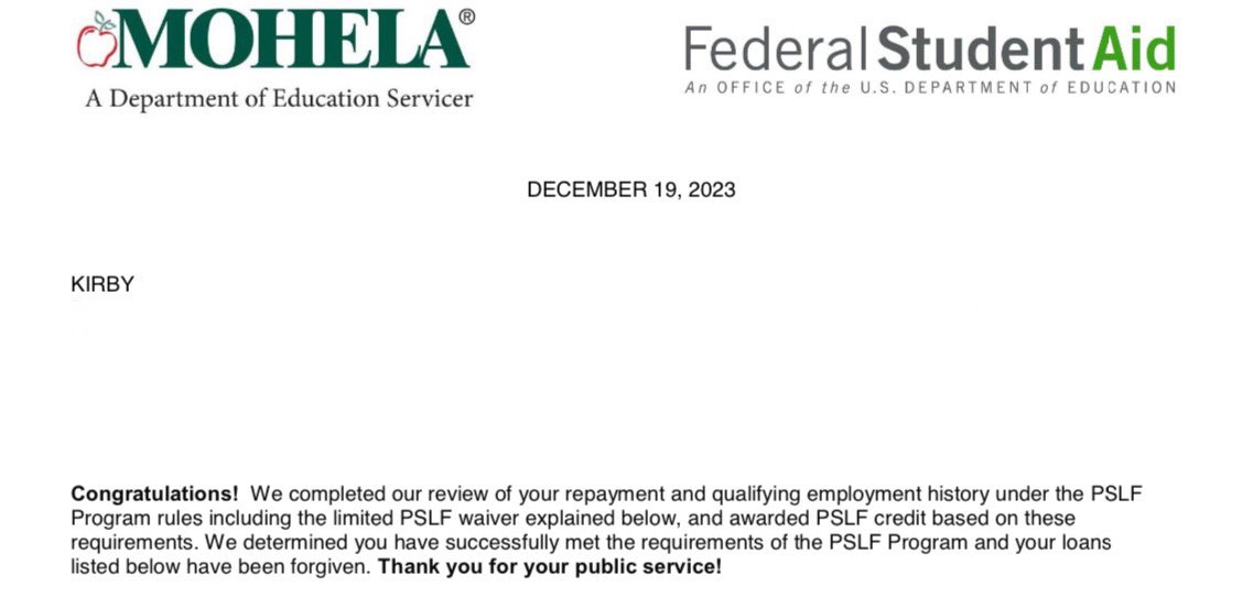 YALL. I just got a letter from federal student aid announcing that all ($204,000) of my student loans are now forgiven!! To God be the Glory!! 🙏🏽 🥲💃🏽 #PSLF #imdancingrightnow #willhaveadrinkpromptly