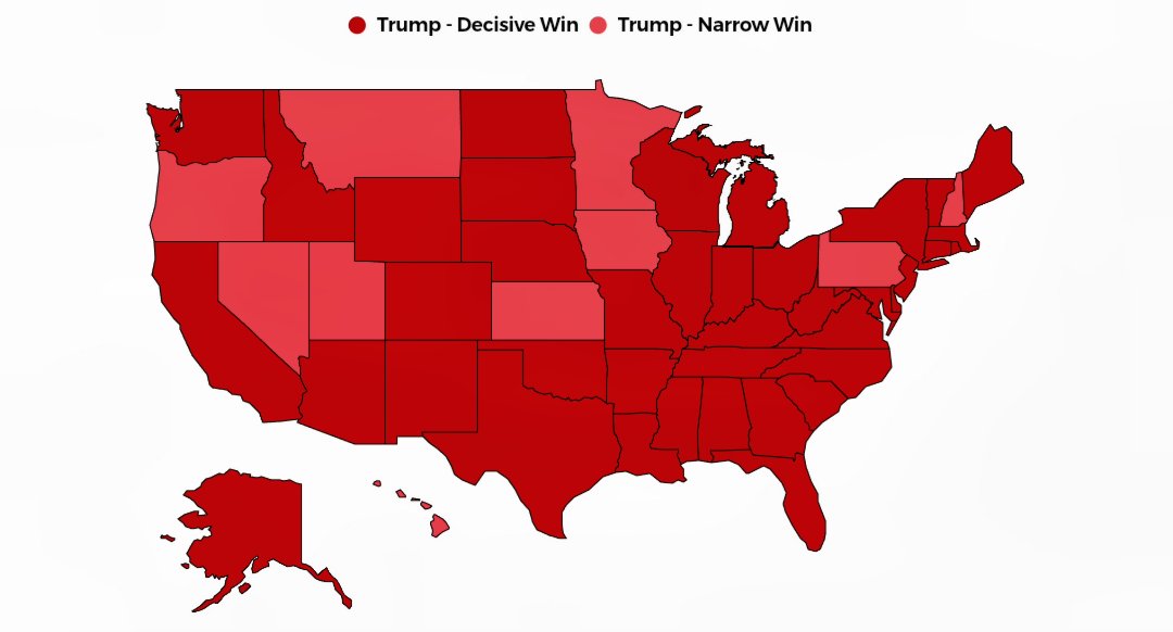 2024 Republican Primary Delegate Forecast by @RacetotheWH (full field) • Donald Trump — 2,289 • Nikki Haley — 89 • Ron DeSantis — 82 ✅ 1,235 delegates needed to win the nomination 🔴=Trump win racetothewh.com/2024/gop/forec…