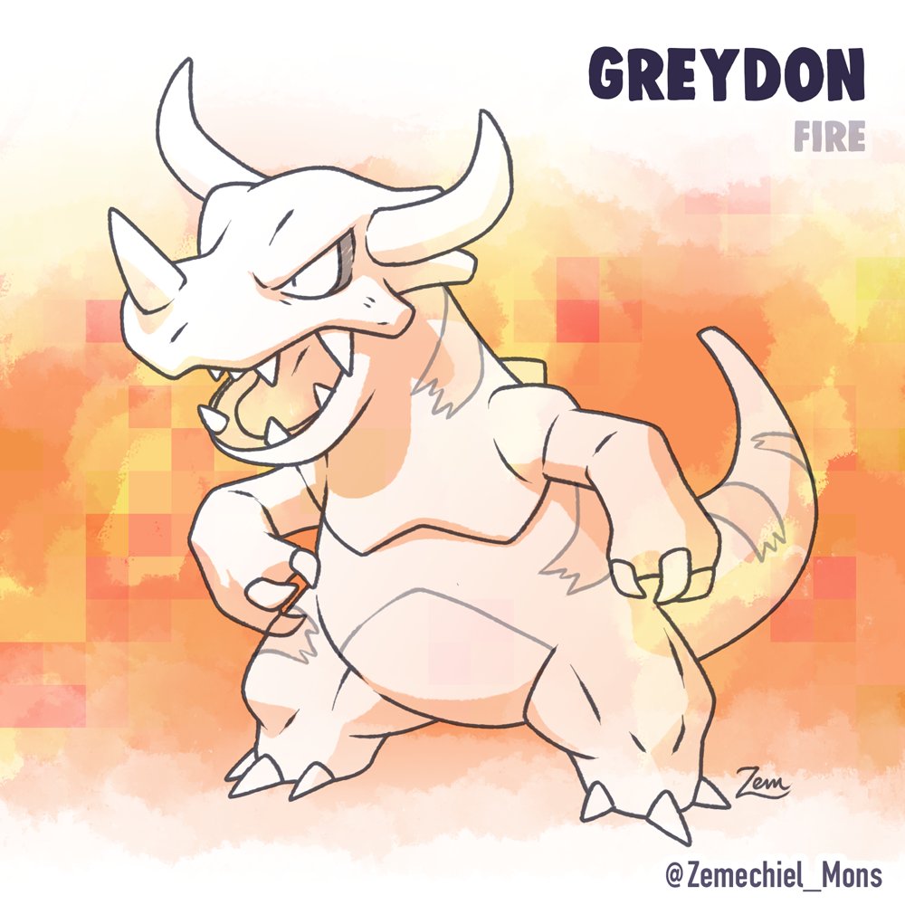Agnom is a cute dino baby that walks around makin an 'a-GG' sound when it isn't gnawingon something, and it becomes a fire breathing powerhouse with a fireproof helmet #デジモン #Digimon #pokemon #fakemon