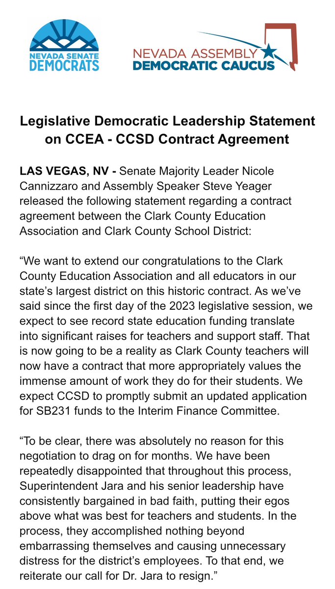 Speaker @SteveYeagerNV and Senate Majority Leader @Nicole4Nevada joint statement on CCEA and CCSD contract agreement.