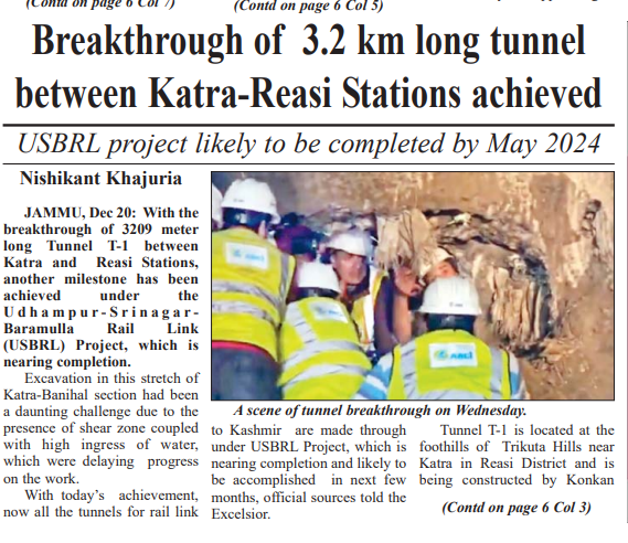 DrJitendraSingh's tweet image. Daily Excelsior: Breakthrough of 3.2 km long tunnel between #Katra- #Reasi Stations achieved.
#ConstituencyUpdate #JammuAndKashmir 

Read:
dailyexcelsior.com/breakthrough-o…