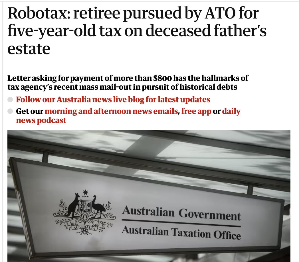 STOP IT!
ATO please stop shooting yourself in the foot.  Build public respect and confidence.  99.9% of people pay their taxes and are good an honest and careful.  This for $800 is un-necessary and and on a person dead for 5 years!  STOP IT

theguardian.com/australia-news…