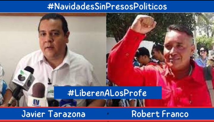 Nos unimos a la gran campaña en las RRSS de #NavidadesSinPresosPoliticos sin dejar a un lado a dos   grades insignes educadores como lo son Robert Franco y Javier Tarazona 

Nuestro llamado en el marco dl Acuerdo de #Barbados a #LiberenALosProfe

#LiberenATodosLosPresosPoliticos