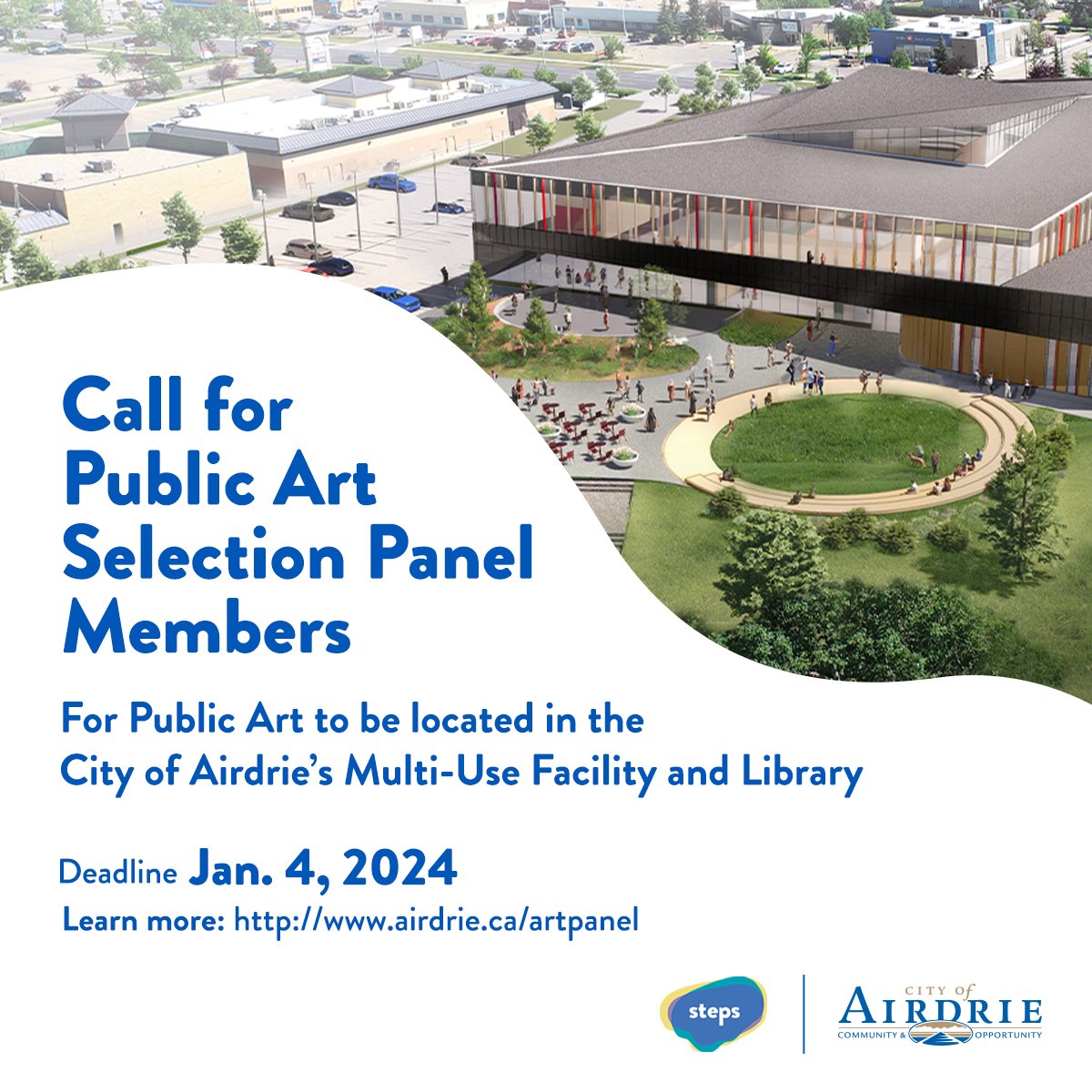 Seeking community members and professional artists to volunteer on the Public Art Selection Panel and help us select the public art for the Airdrie Multi-Use Facility and Library! The deadline to apply is Jan. 4, 2024. Visit airdrie.ca/artpanel to learn more.