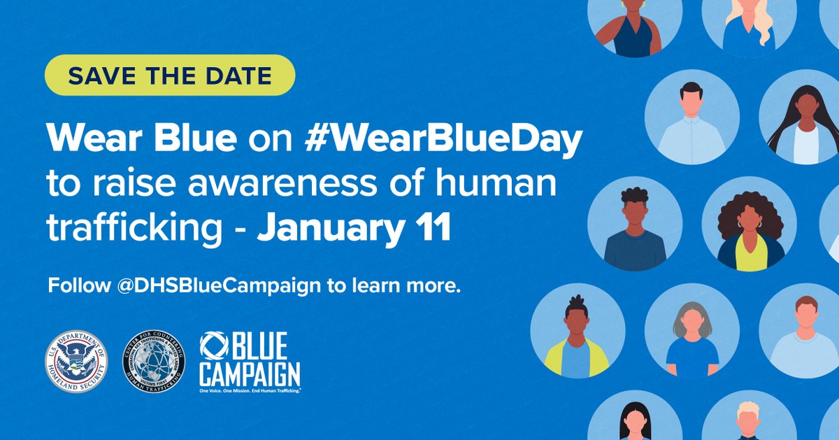 The countdown to #WearBlueDay is on! All you need is a piece of blue clothing, the color of #HumanTrafficking awareness, to participate on January 11. Consider sharing a photo on social media using the hashtag #WearBlueDay and spread the word. 💙