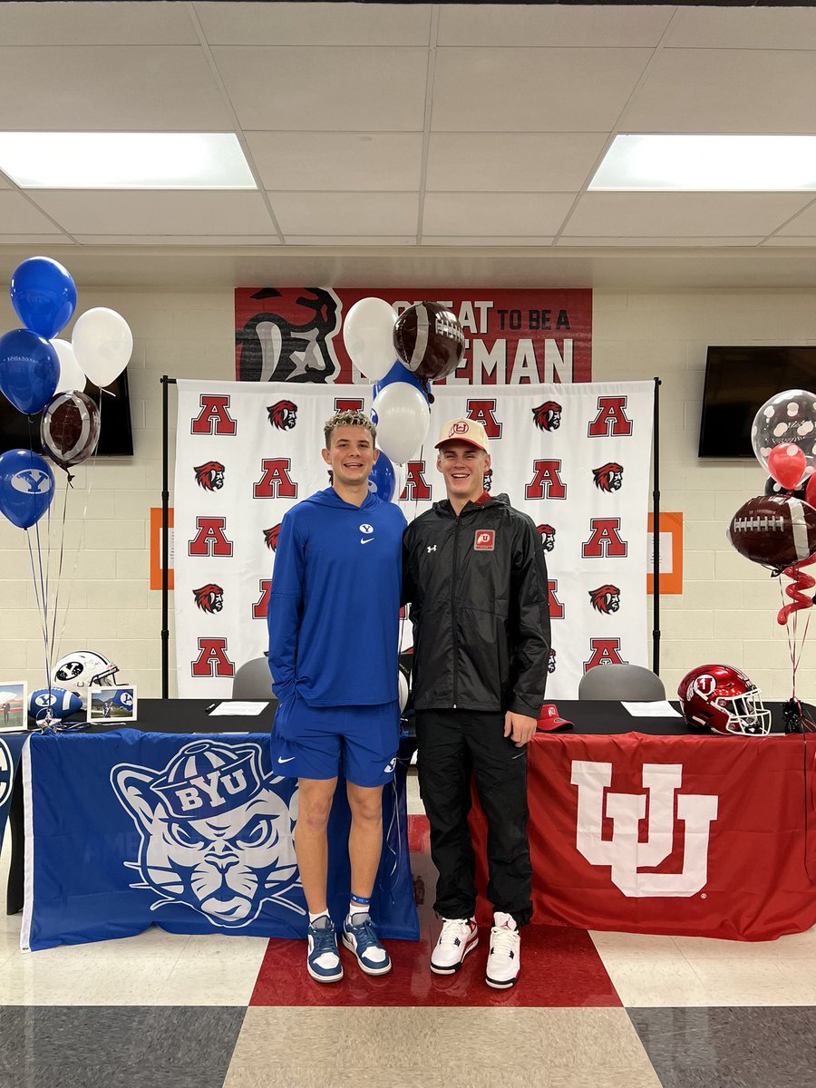 Huge congrats to @JettNelson14 on signing with @BYUfootball and @davis_andrews5 on signing with @Utah_Football today!