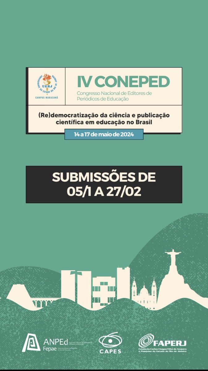 Olha aí pessoal!!!! IV CONEPED acontecerá em maio de 2024 na UERJ, no Rio de Janeiro. anped.org.br/news/iv-conepe… @AnpedEducacao #OpenScience @RedeSciELO @Redalyc @DOAJplus @IBICTbr