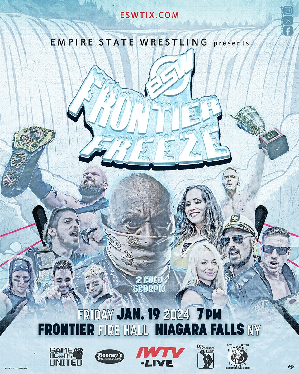 #ESWFreeze - 1/19/24 Frontier Fire Hall - Niagara Falls *2 Cold Scorpio *ESW Interstate Champ Alec Price *ESW Tag Team Title: High Seas (c) vs CXR *Katie Arquette vs Christina Marie *BackSeat Boyz vs 2I&B *An address by ESW Heavyweight Champ Vince Valor ESWTIX.COM