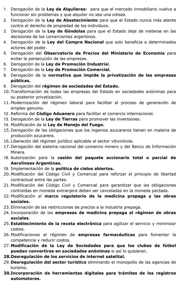 🚨Los principales 30 puntos del decretazo que mencionó el presidente Javier Milei en cadena nacional: