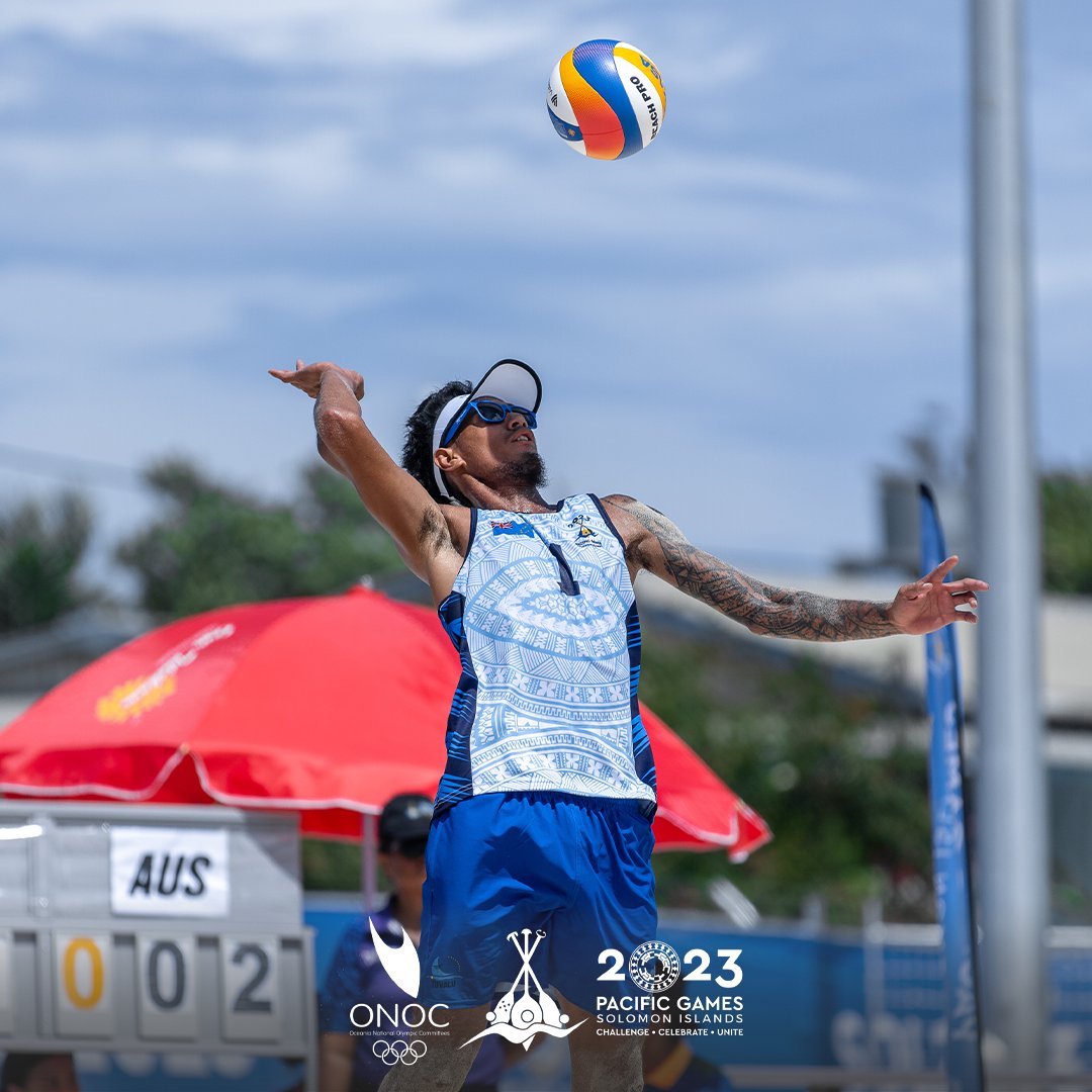 Team Tuvalu serving it up during the Men's Volleyball competition final at the #SOL2023PacificGames in Honiara. The Ampex Isaac & Saaga Malosa duo scooped up the Silver medal in their event. #Sol2023 #OceaniaTogether #PacificGames