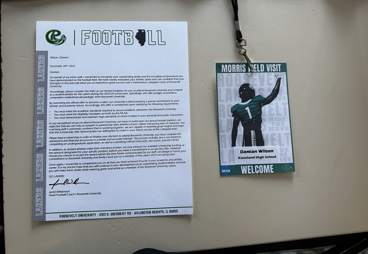 After a great Conversation with @RUCoachJW, and a great visit with @RULAKERFB. I am blessed to say I have Received my 4th offer from Roosevelt University! @Coach_Davis42 @CoachTGabriel @EDGYTIM @Rivals @underdogrush @LinebackerCamps @One11Recruiting @DeepDishFB @KanelandFB