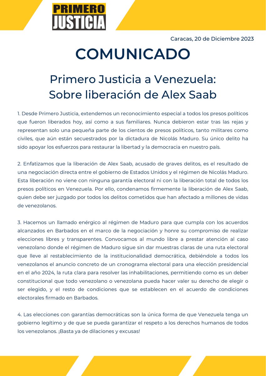 COMUNICADO| Primero Justicia a Venezuela 🇻🇪: Sobre liberación de Alex Saab. #20Dic