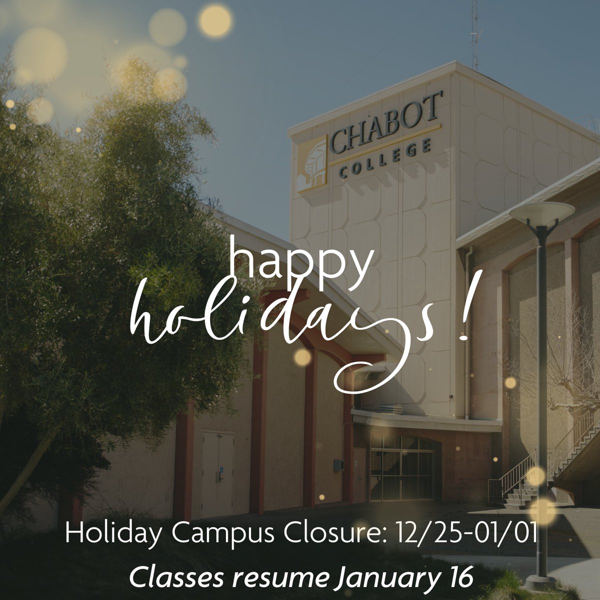 Happy holidays, Gladiators! As a reminder, campus is closed for the holidays from 12/25-01/01. We can't wait to see you back on campus for the start of classes on January 16! If you aren't registered for spring semester, enroll here! chabotcollege.edu/admissions/reg… #happyholidays