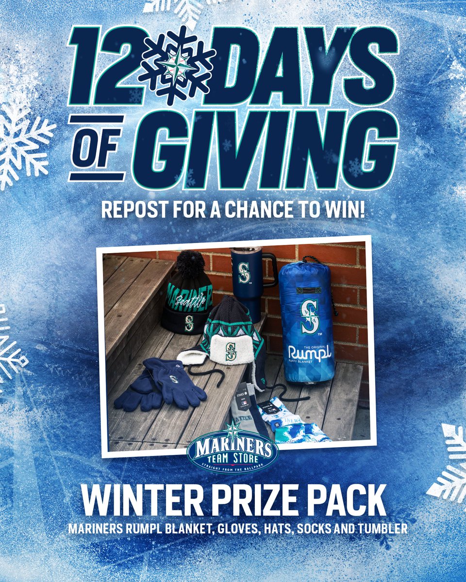 🥶 RT TO WIN 🥶 Day 8 of our #12DaysOfGivingSweepstakes brings this @MarinersStore Winter Prize Pack! Just hit that repost button for a shot to win. Must be 18+. No purch. nec. Enter by 11:59pm PT on 12/28/23. atmlb.com/3NnpYfd