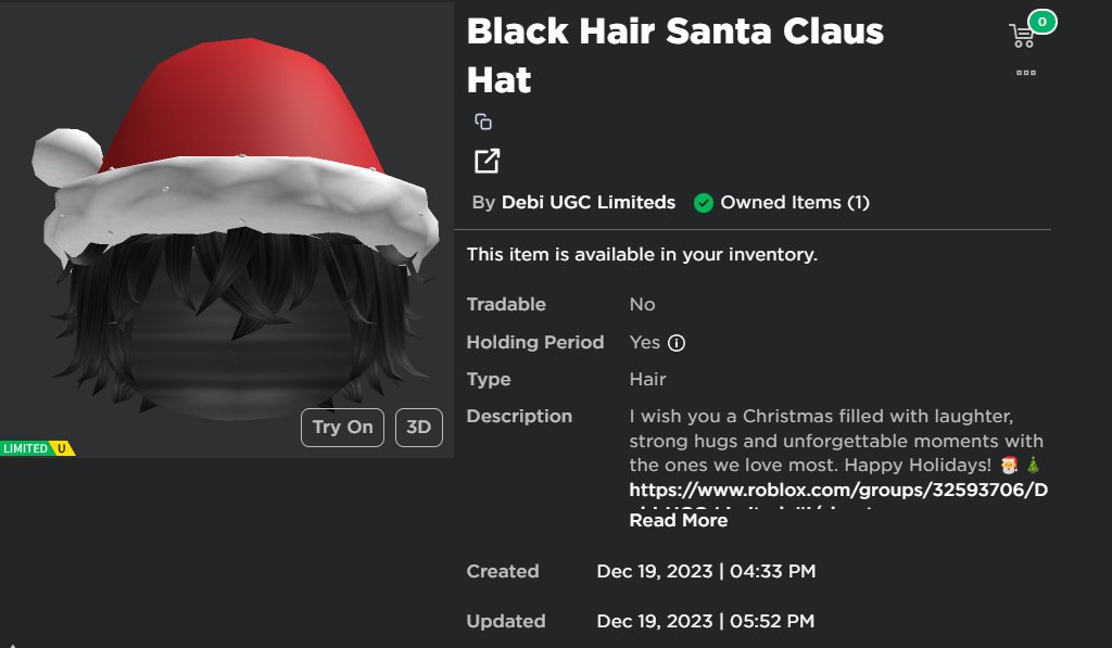 RoBlogTrading's tweet image. FAAAAAAAAAAAAST GIVEAWAY #2 | ✨ x10 Black Hair Santa Claus 
REQUISITOS: 
- RT /Repost 
- SEGUIR @Roblog_ @yDebizinha
- Entrar no grupo da yDebbi (Link no fio) 
RESULTADO SAI DAQUI 1 HORA! ÀS 23:15 BRT // 10:15 PM EST 📷