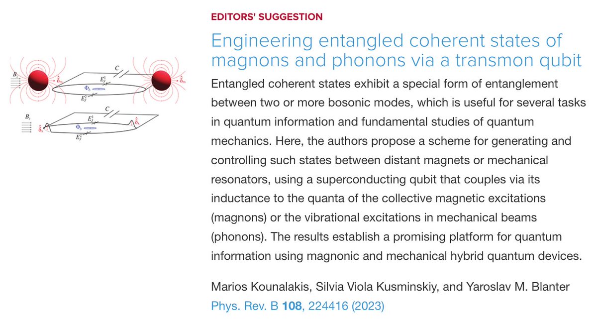 Physical Review B (@physrevb) on Twitter photo PRB Editors' Suggestion: Engineering entangled coherent states of #magnons & #phonons via a #transmon #qubit
M. Kounalakis, S. Viola Kusminskiy, & Y. M. Blanter
Phys. Rev. B 108, 224416
➡️ go.aps.org/3RLLFIM
#EdSugg #condmat #physics @APSPhysics <a href="/RG_VKusminskiy/">Viola Kusminskiy Group</a> <a href="/ymblanter/">Yaroslav M. Blanter</a> PRB Editors' Suggestion: Engineering entangled coherent states of #magnons & #phonons via a #transmon #qubit
M. Kounalakis, S. Viola Kusminskiy, & Y. M. Blanter
Phys. Rev. B 108, 224416
➡️ go.aps.org/3RLLFIM
#EdSugg #condmat #physics @APSPhysics <a href="/RG_VKusminskiy/">Viola Kusminskiy Group</a> <a href="/ymblanter/">Yaroslav M. Blanter</a>