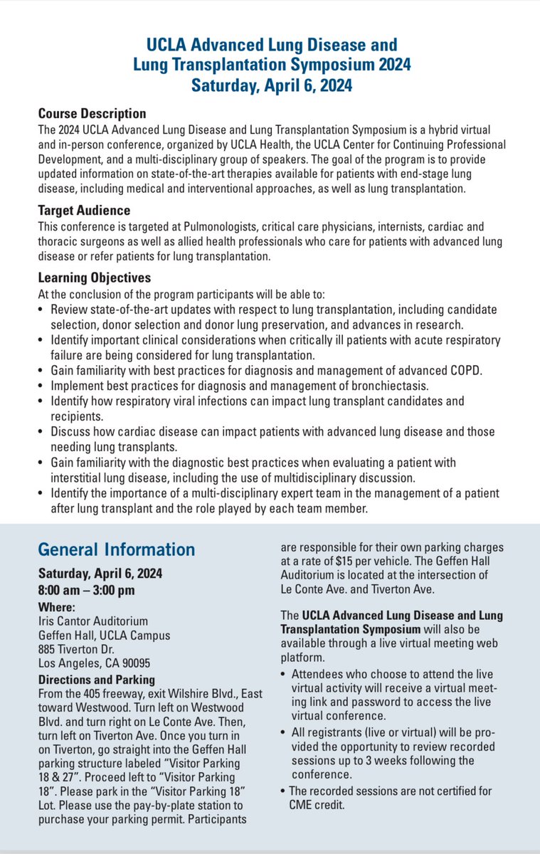 📣Registration is now open for our @UCLAHealth 2024 Advanced Lung Disease and Lung Transplantation Symposium! 📣 Learn the latest in #LungTransplant, #ILD #COPD, #Bronchiectasis, and more 🫁 Info and registration: ucla.cloud-cme.com/course/courseo… Hope you join us April 6th, 2024!